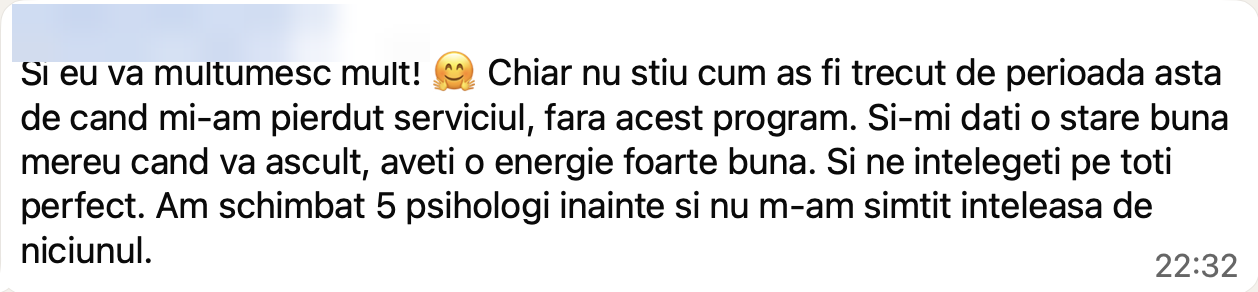 Mărturie WhatsApp de la o participantă în program (numele ascuns pentru confidențialitate)