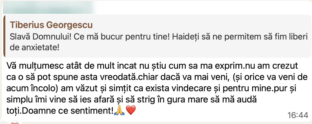Mărturie WhatsApp de la o participantă în program (numele ascuns pentru confidențialitate)