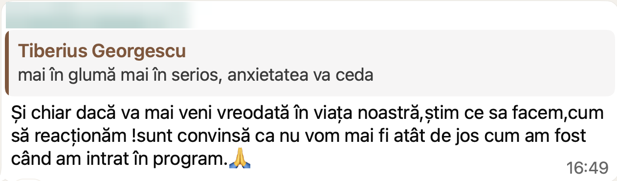 Mărturie WhatsApp de la o participantă în program (numele ascuns pentru confidențialitate)