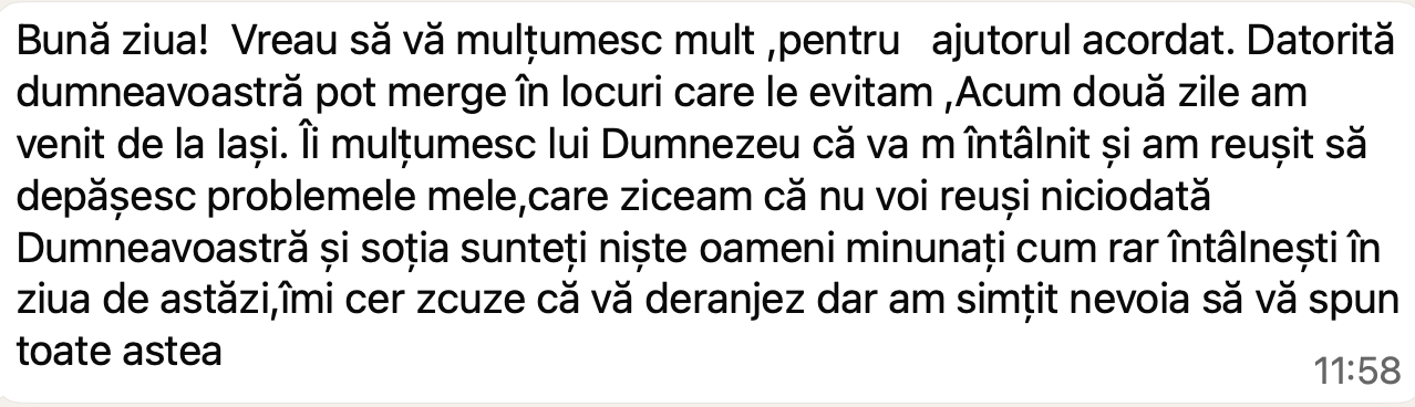 Mărturie WhatsApp de la o participantă în program (numele ascuns pentru confidențialitate)