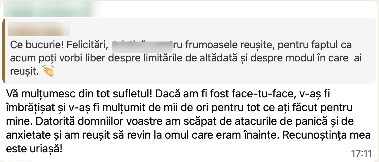 Mărturie WhatsApp de la o participantă în program (numele ascuns pentru confidențialitate)